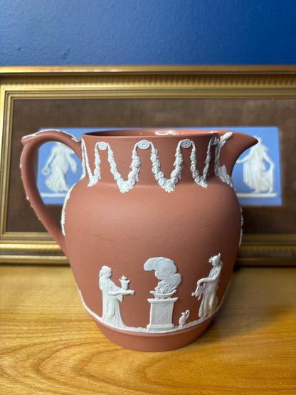 Wedgwood Jasperware terracotta pitcher with gorgeous floral borders!