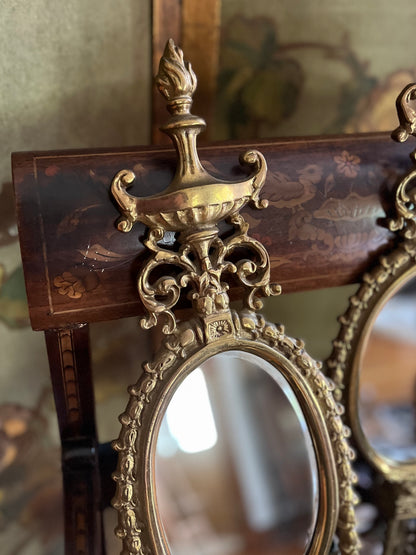 Live 08/11 Elegant Pair of Adam Style Neoclassical Gilt Brass Mirrored Wall Sconces Circa 1930s–1940s