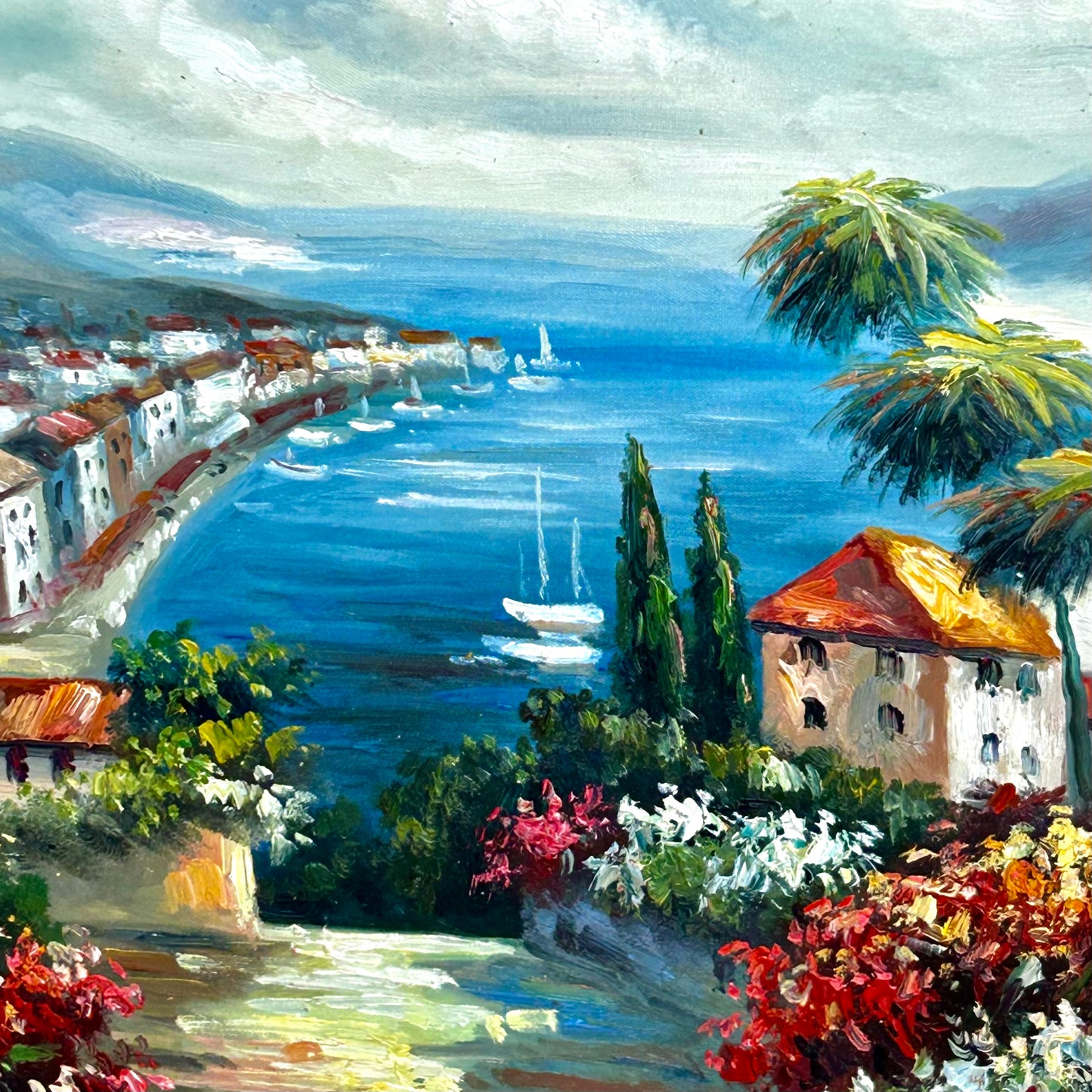 Inviting waterfront landscape massive baroque frame  31 x 28 signed oil painting art