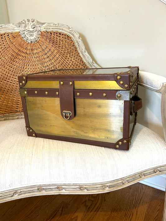 Massive Rustic chic brass and leather storage chest trunk 18 x 12