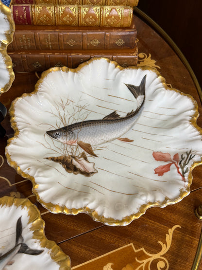 RESERVED - ANGIEFRIEND - Antique French Limoges Hand-Painted Fish Plates with Gilt Scalloped Rims | Set of 5 | 9”