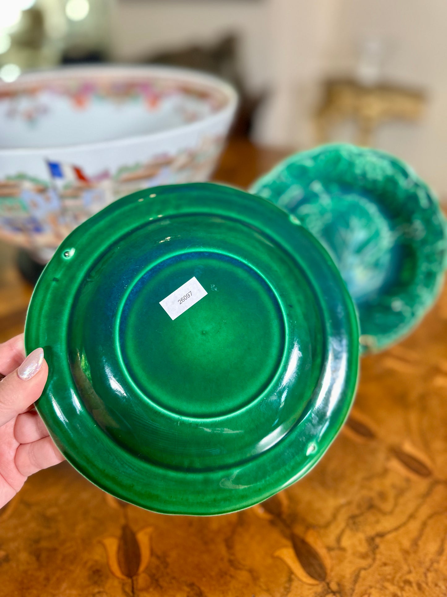Antique Victorian Green Majolica Strawberry Leaf Plates | Pair