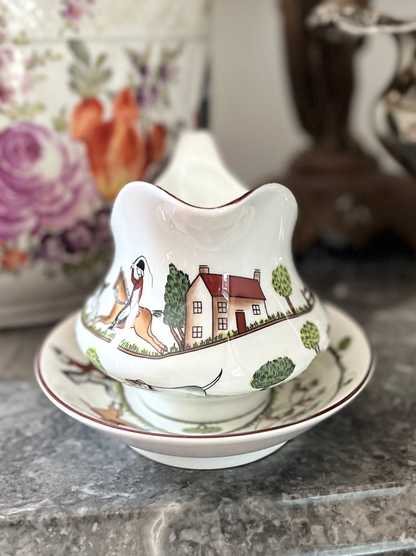 Live 08/04 Vintage Crown Staffordshire “Hunting Scene” Fine Bone China Gravy Boat with Underplate | England | Circa 1970s–1990s