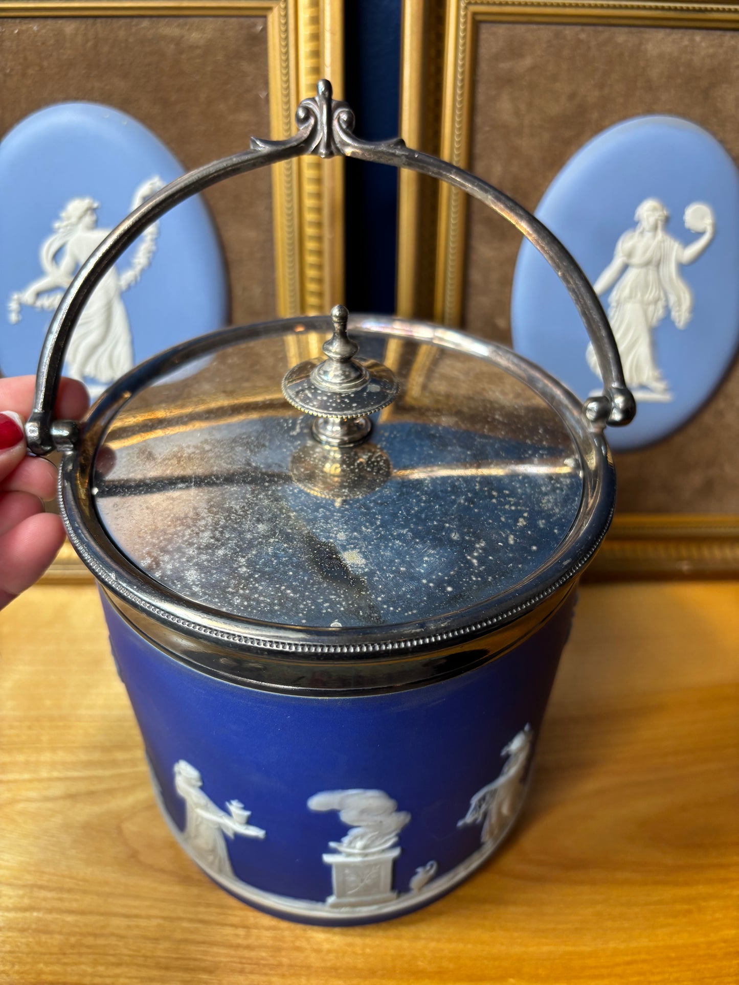 Wedgwood Jasperware cobalt biscuit barrel with silver plating!