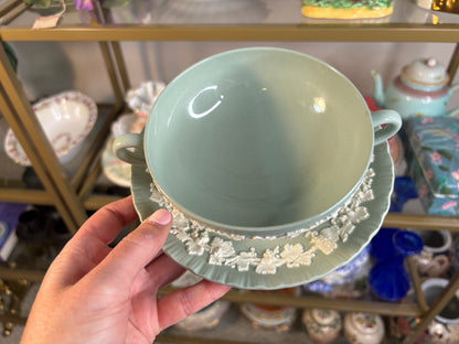 Lovely Wedgwood Queensware green and white soup cup and saucer set!