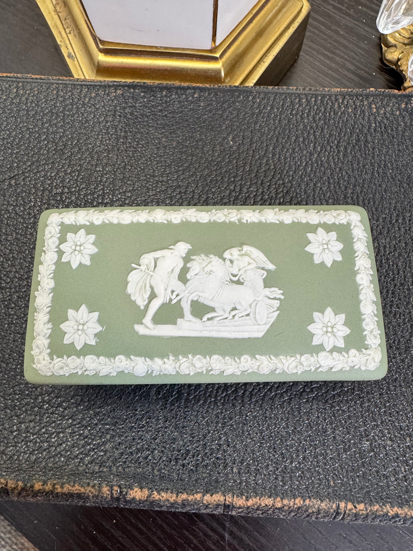 Wedgwood sage green and white rectangular lidded trinket box
