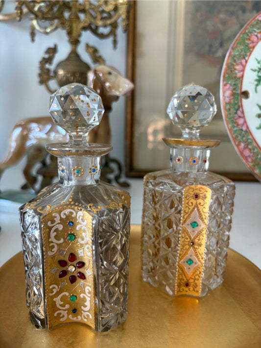 Bohemian Cut Glass Perfume Bottles with Gilt Enameling & Jeweled Cabochons (Sold Individually or as Pair)