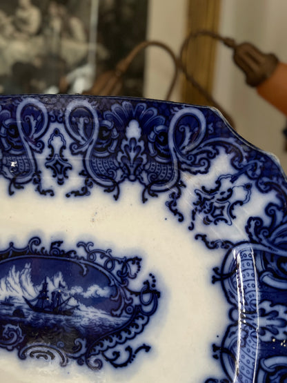 -RESVERED - ANGIEFIEND -  Live 09/22 Amazing Ship Medallion Flow Blue Platter Mid-Victorian Staffordshire Ironstone, c. 1845–1865