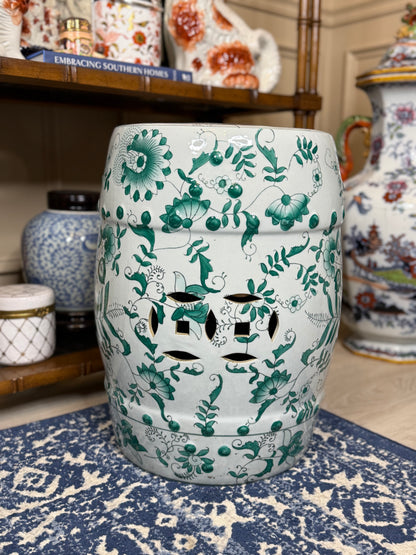 Chinoiserie 18” Green & White Porcelain Garden Stool – Pierced Drum Form with Floral Scrollwork