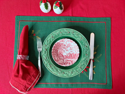 Set (4) Green Placemats with Embroidered Poinsettias