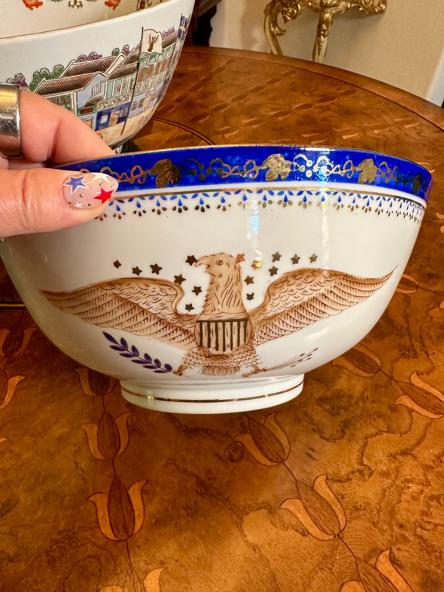 Federal Eagle Porcelain Bowl – Cobalt & Gilt Patriotic Motif, 10.25”