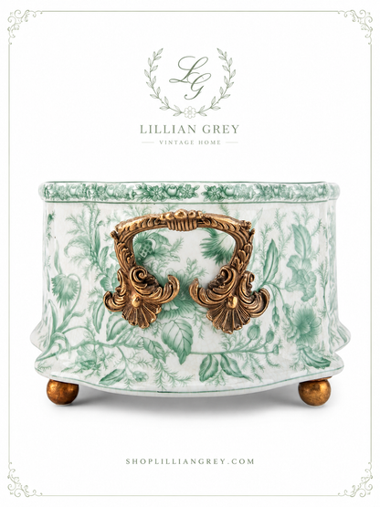 Danny's Fine Porcelain -  Green & White Porcelain "Prim rose" Basin, Bronze Detailing, 22x11" #14315