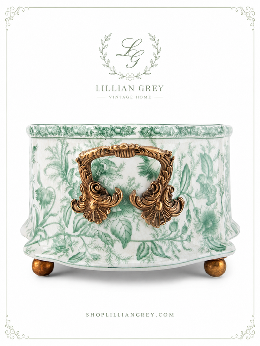 Danny's Fine Porcelain -  Green & White Porcelain "Prim rose" Basin, Bronze Detailing, 22x11" #14315
