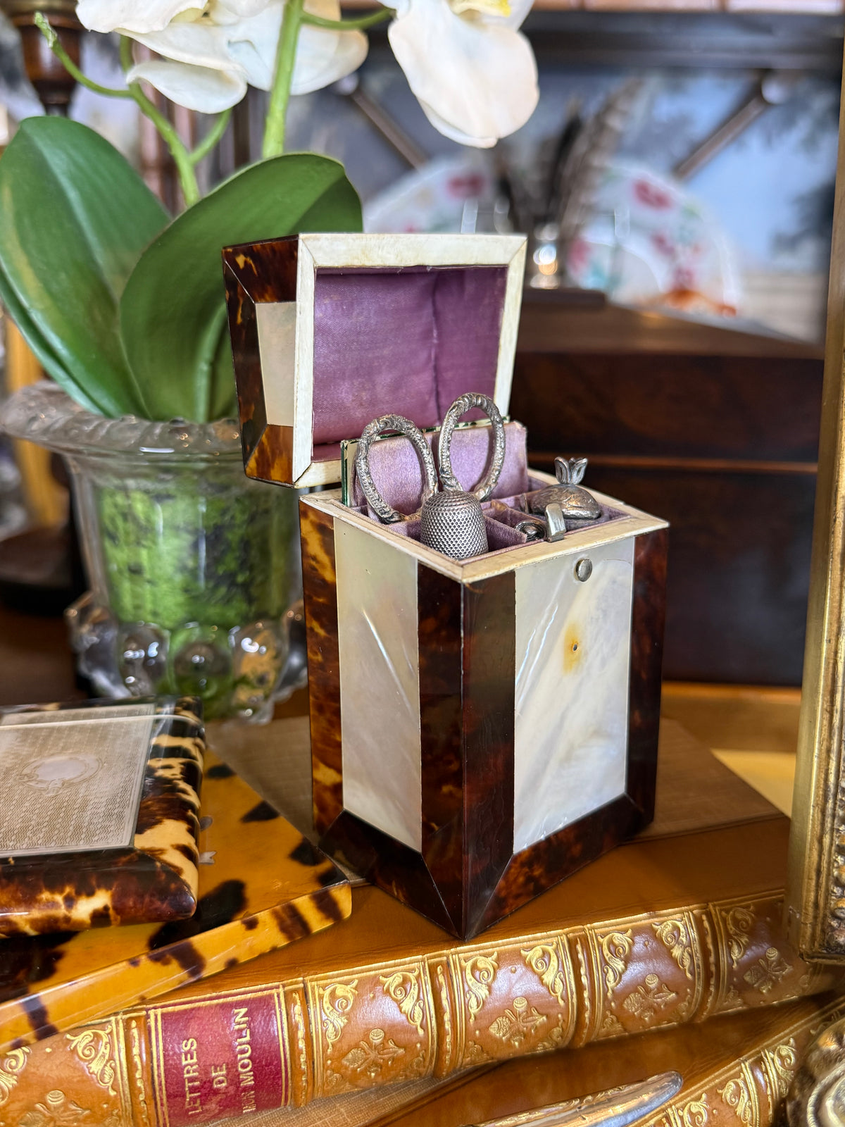 Antique Victorian Tshell & Mother-of-Pearl Sewing Etui | Complete Fitted Sewing Box | Lavender Satin Interior | Jackson-Mitchell Provenance | 4”