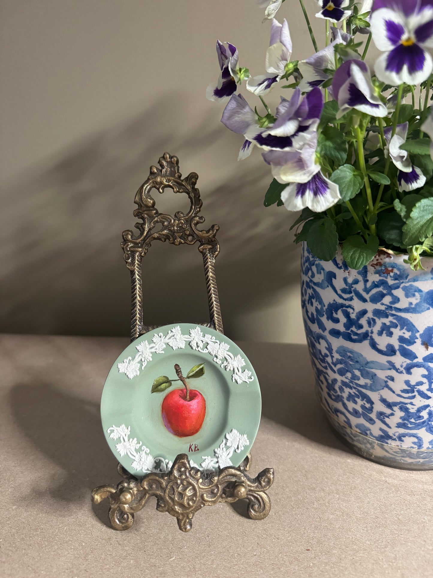 Live 06/22 Wedgwood small green and white dish with painted apple original art