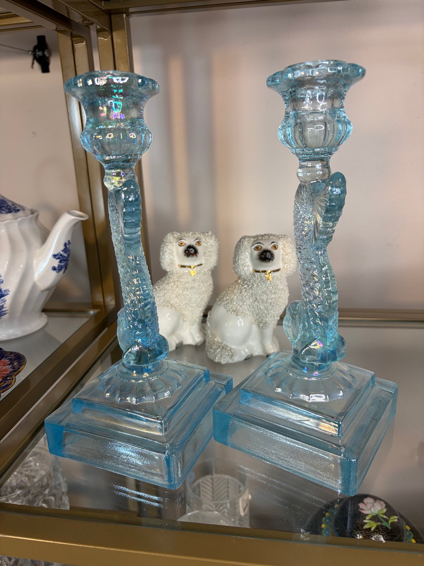 Stunning koi blue iridescent candleholders pair!