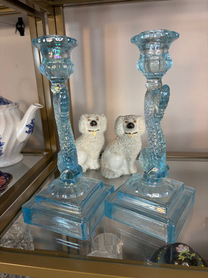 Stunning koi blue iridescent candleholders pair!