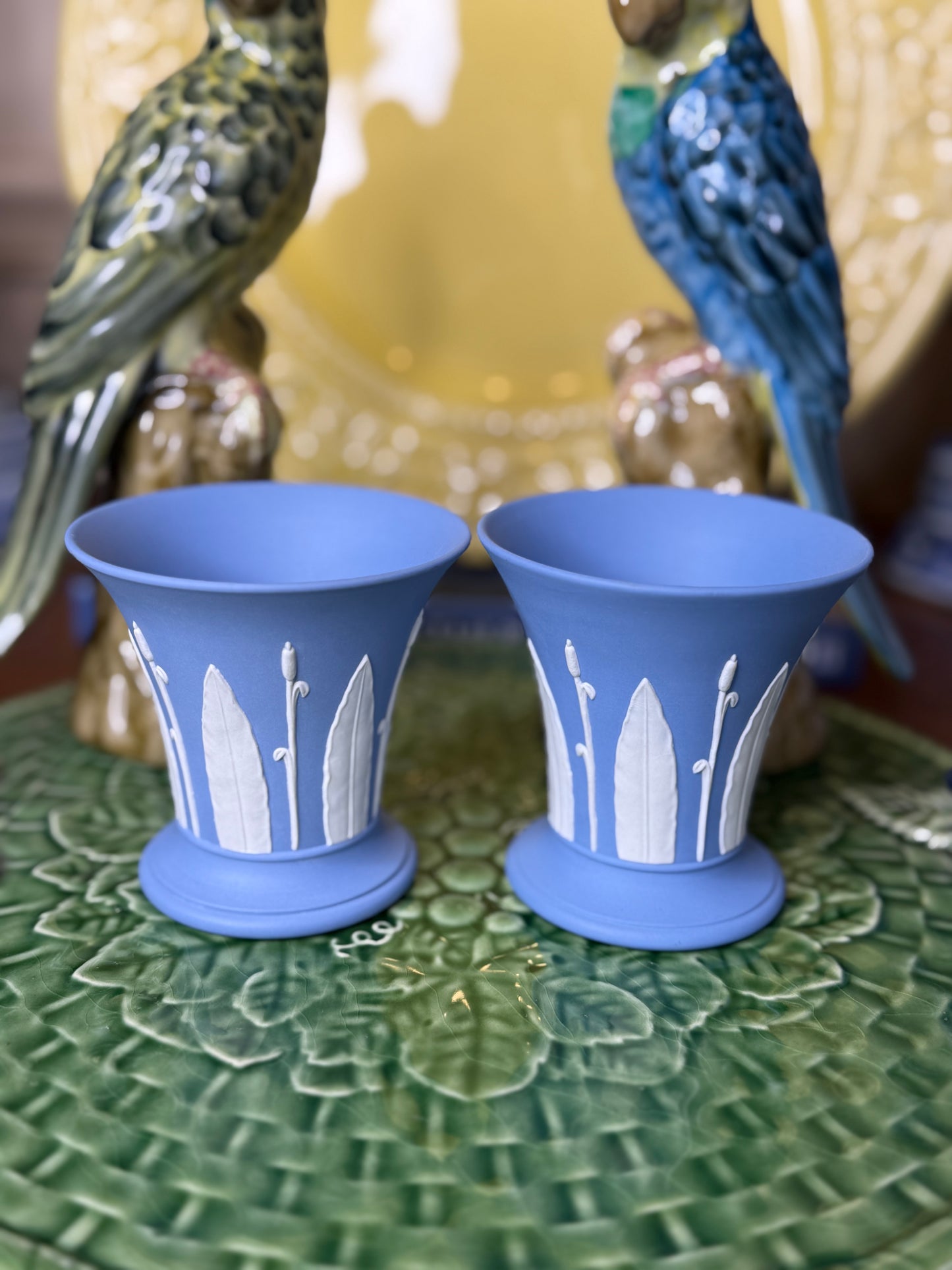 Live 6/5 - wedgwood pair, post vases, leaves in LILAC BLUE