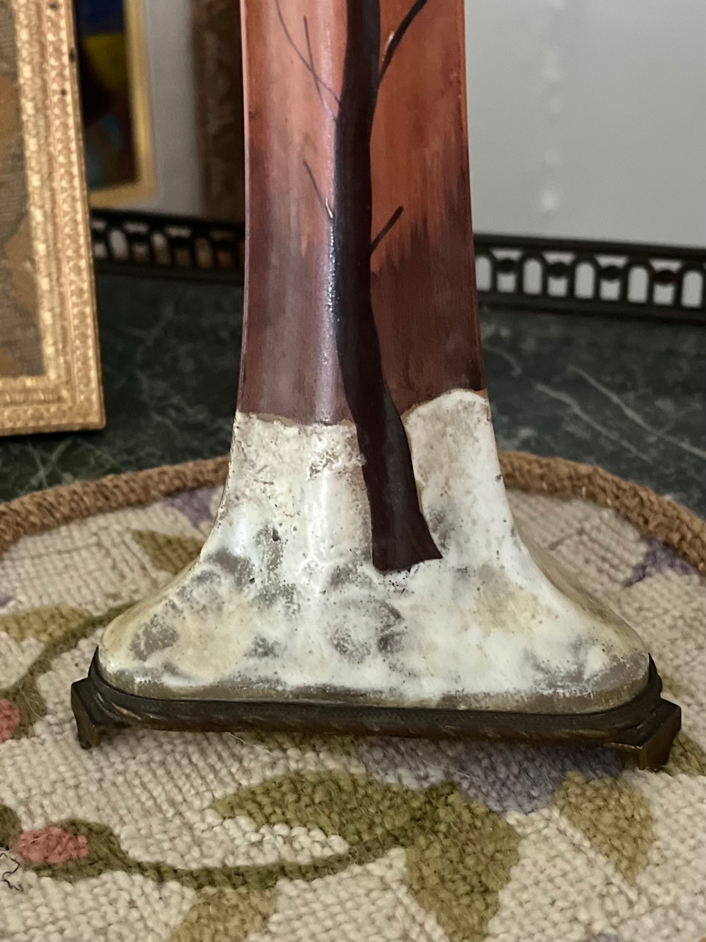 Live 06/29 French Enameled Art Glass Vase — Bare Winter Tree, Bronze Mount, Art Nouveau c. 1900