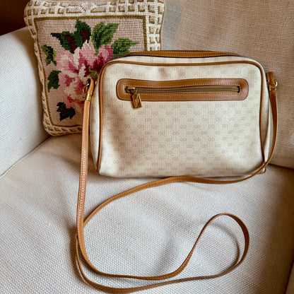 Vintage Gucci GG Monogram Neutral Cream Brown Leather Trim Crossbody Handbag