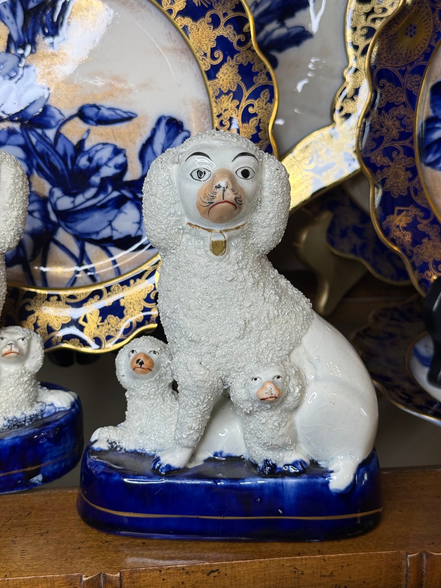 Antique Pair, 7” Tall Staffordshire Confetti Poodle & Puppy Figures | Pair | Style DA4348