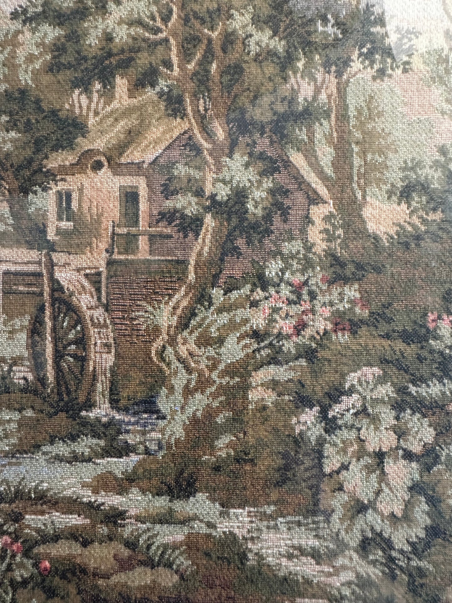 Antique European Hand-Stitched Needlepoint Landscape in Gilt Frame, c. 1890–1920