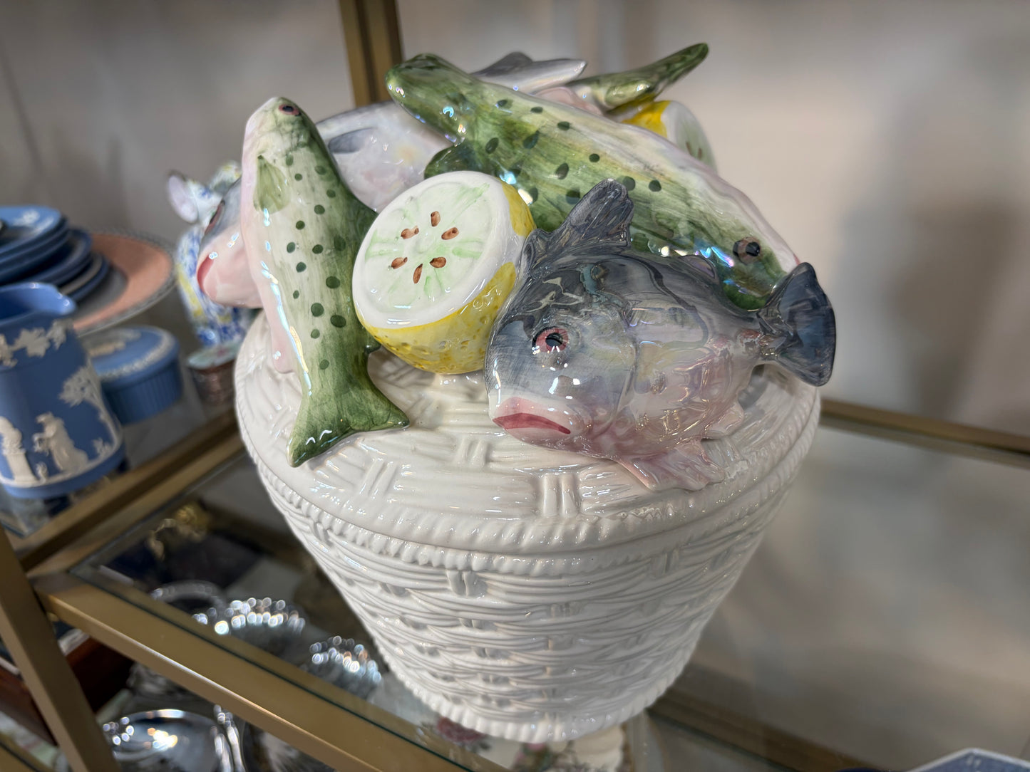Stunning Italian Fish Tureen with raised fish and lemons and basket design!
