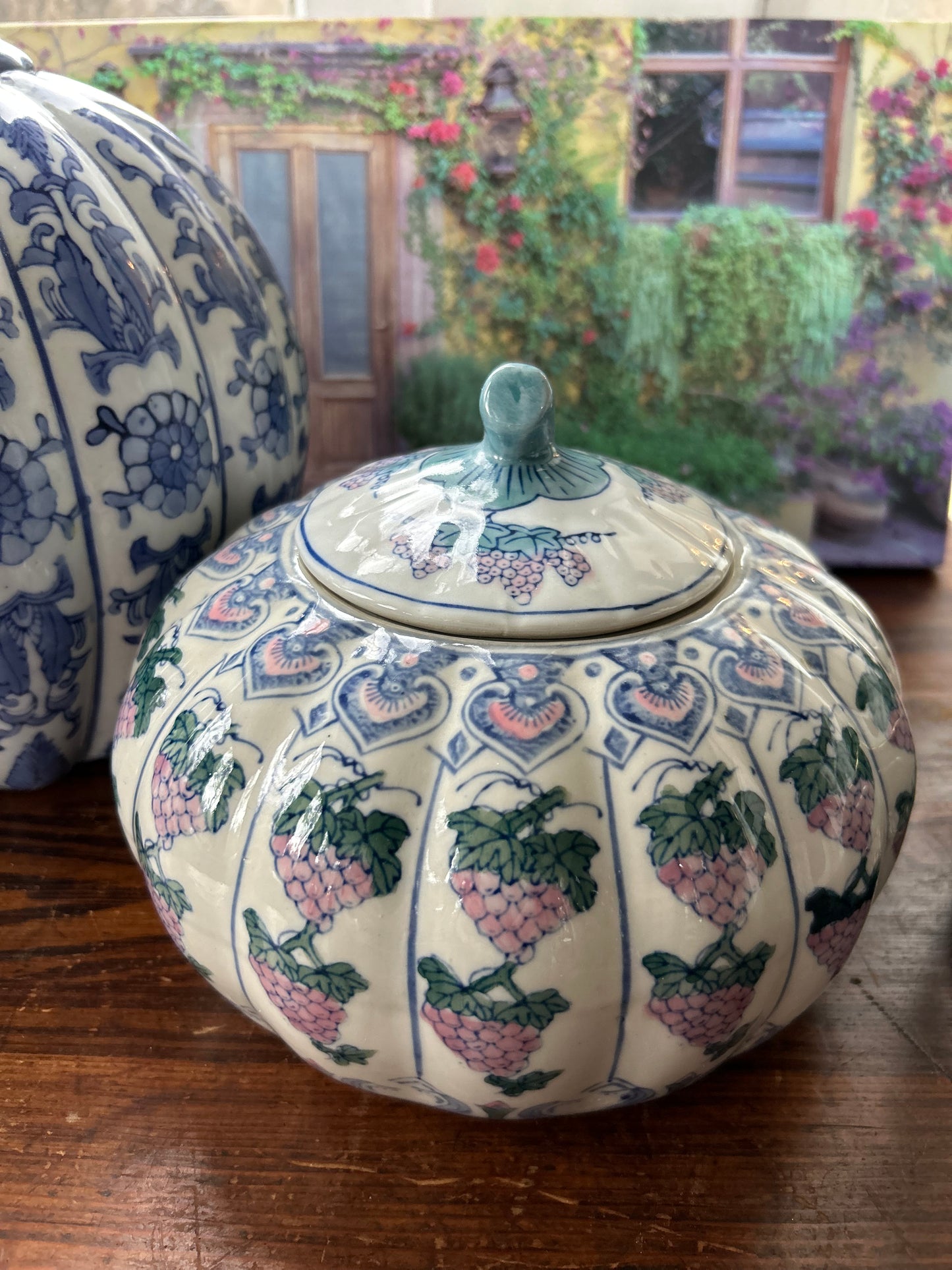 Adorable Chinese Blue White and Pink Pumpkin Chinese Ginger Jar