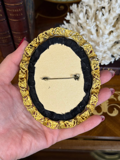 Antique Miniature Portrait of a Young Girl in Gilt Bronze Frame | 5x4” Hand-Painted Enamel