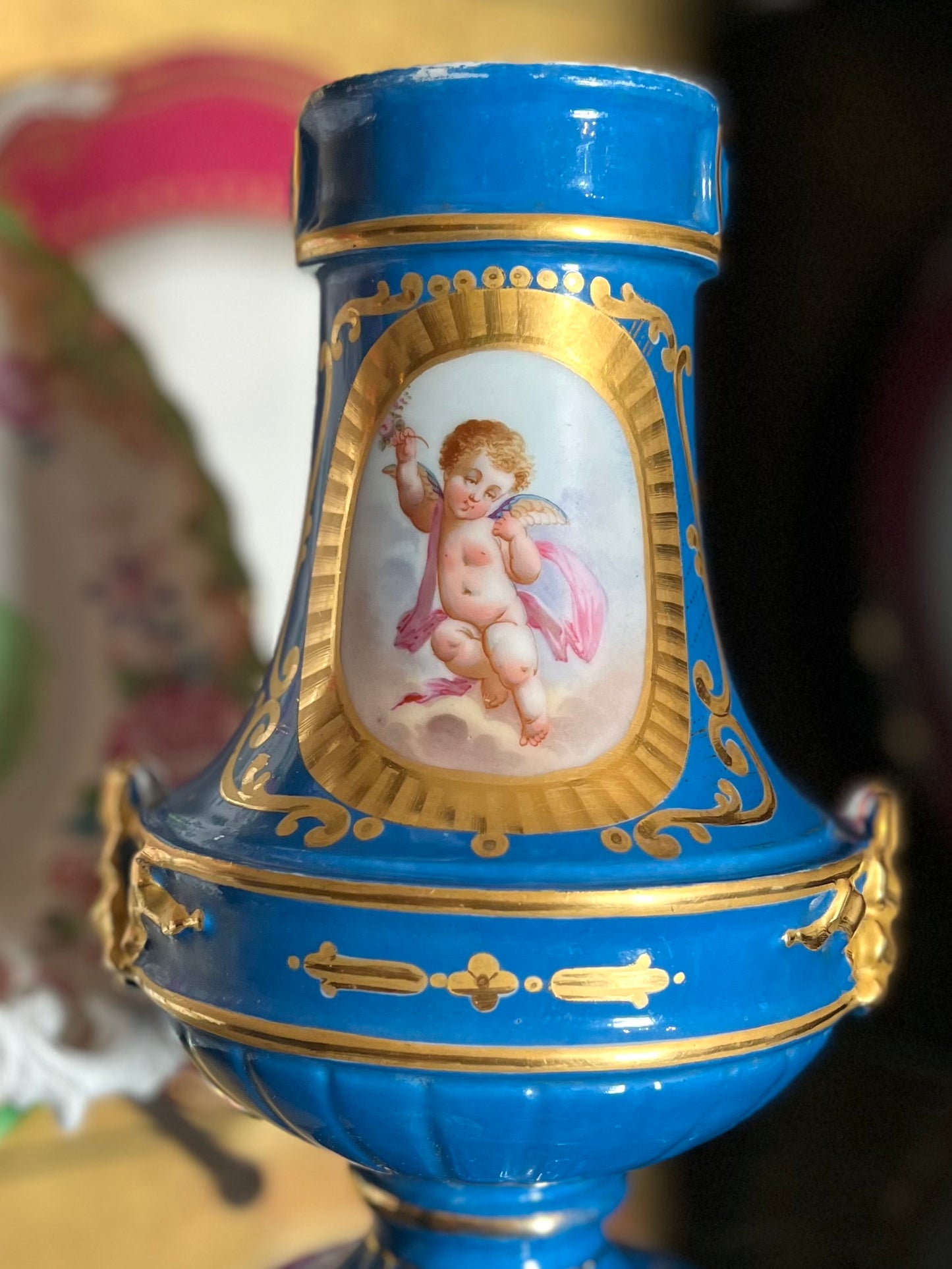 Pair Antique French Sèvres Porcelain Vases | Bleu Céleste | Hand-Painted Putti & Floral Panels | Marked c.1841