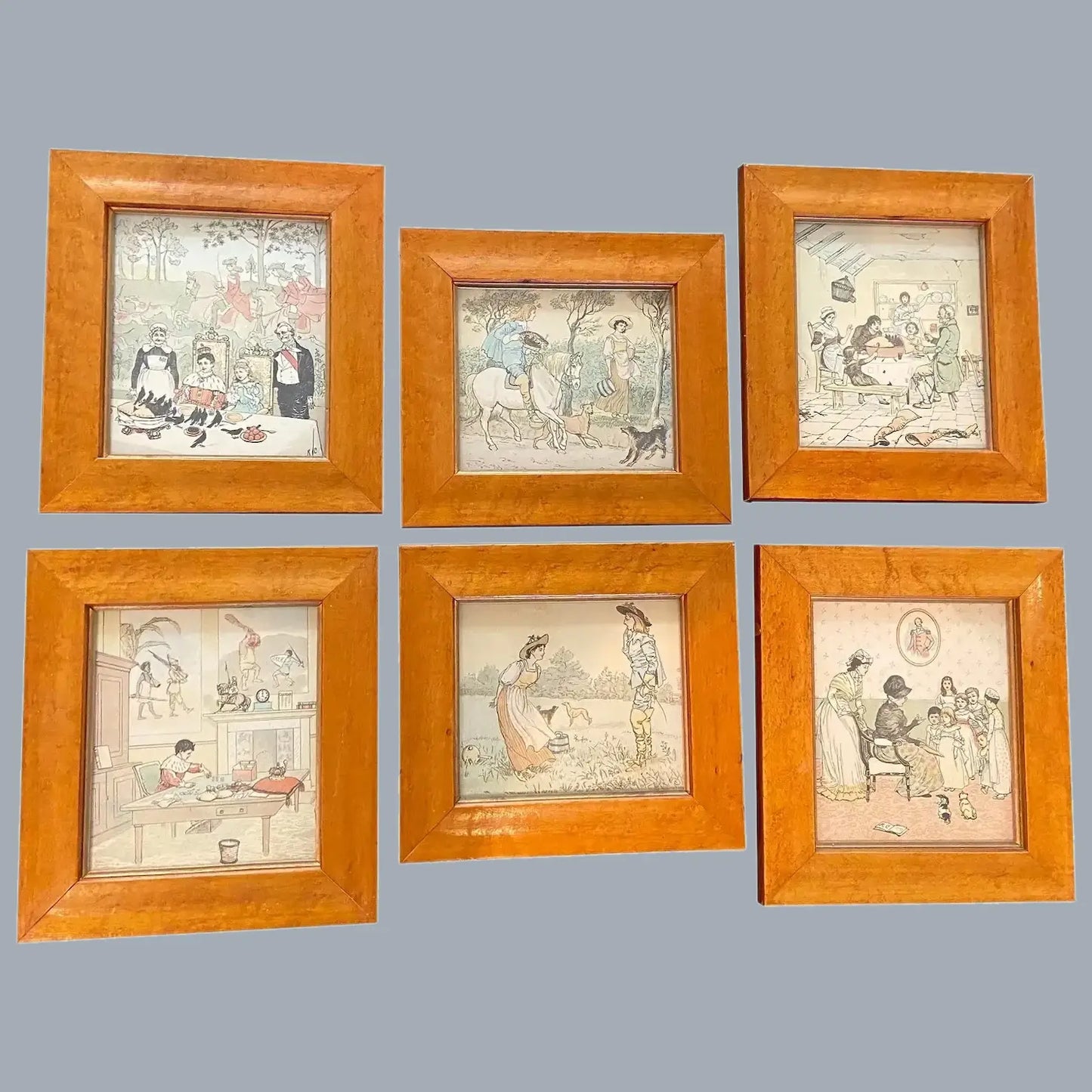 Antique Birdseye Maple Framed Children's Nursery Rhyme Prints