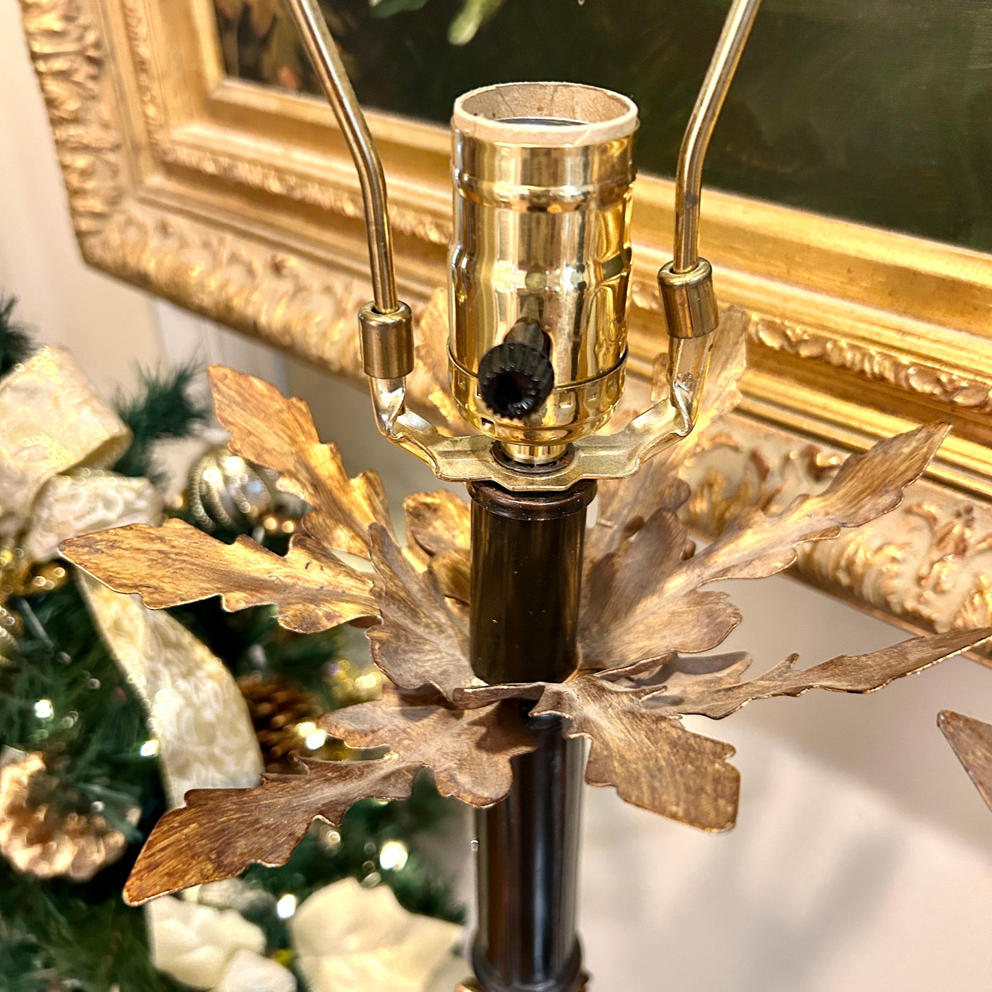 Stunning Statuesque pair of vintage gold gild & Ebony Buffet lamps 33 in