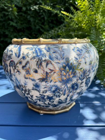 Danny’s Fine Porcelain - Midnight Garden Porcelain Floral Round Planter with Bronze Ormolu, 12"L x 12"W x 9"H