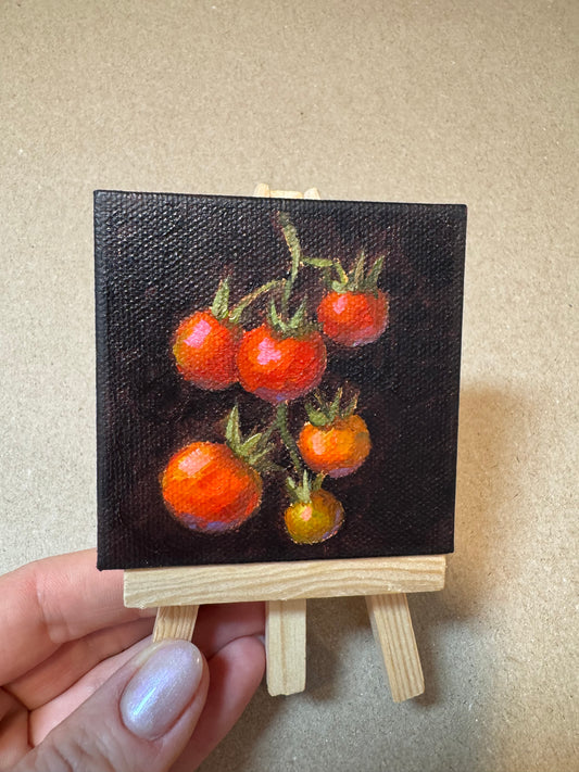 Live 06/19 mini art tomatoes original oil paintings on stretched canvas 3x3”