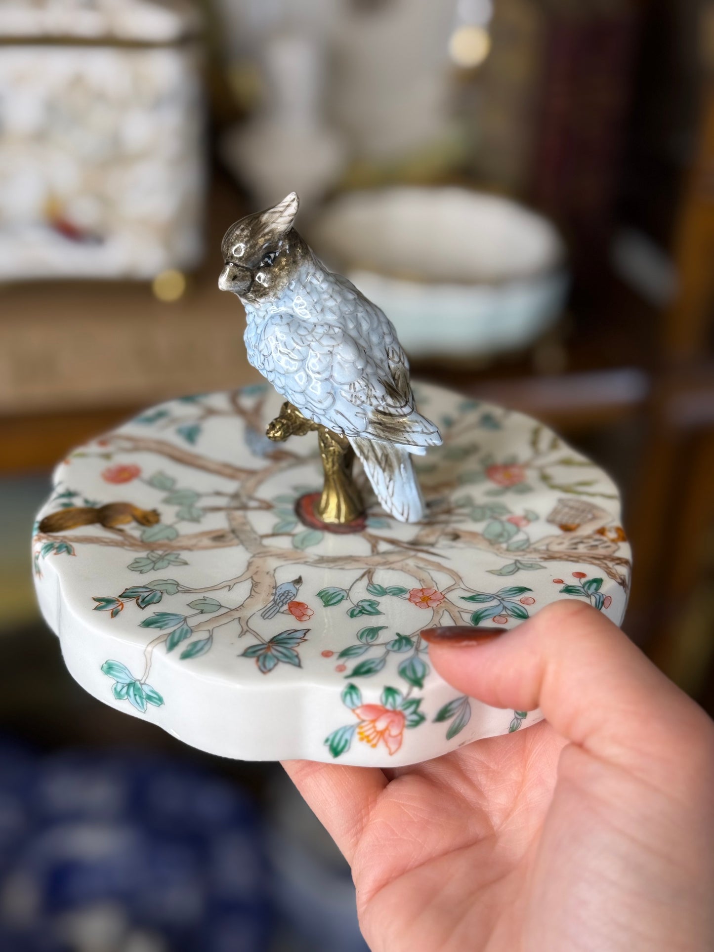 Danny’s Fine Porcelain | “Garden of Life” Porcelain Box with Bronze Ormolu & Bird Finial – 6”