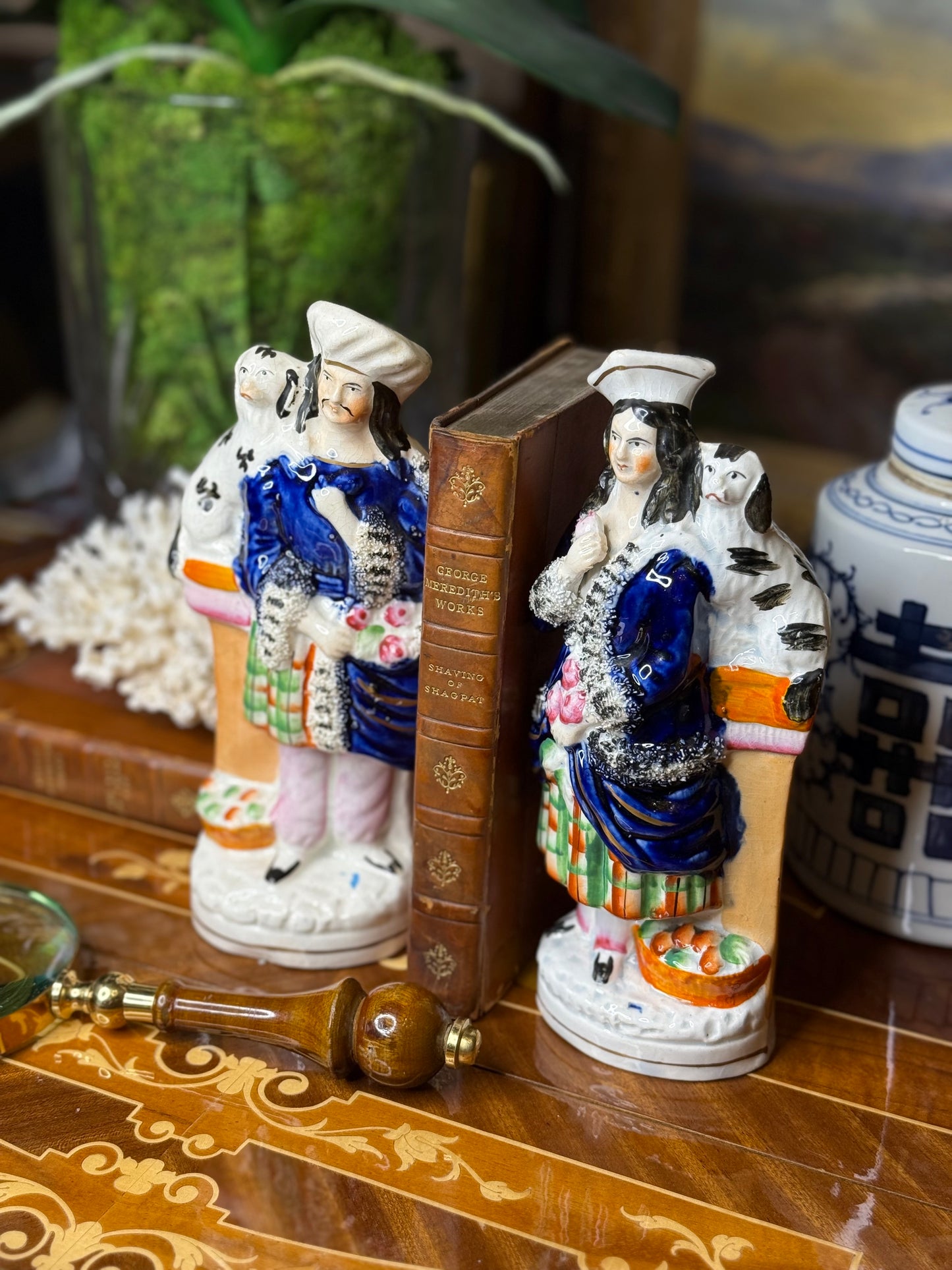 Antique Staffordshire Couple with Spaniel – Hand-Painted Figurines (c. 1860–1880), 9” Tall – Pair