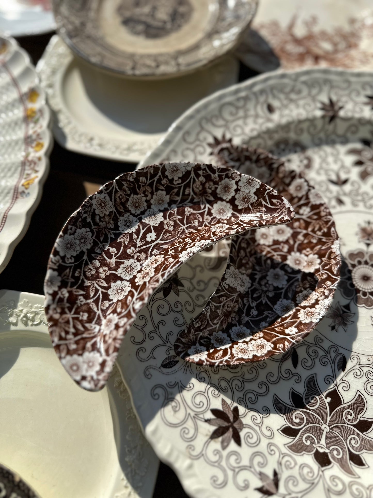 Fabulous Set of 4 Vintage Crownford Staffordshire Brown Calico Bone Dishes, 6.5"