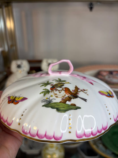 Gorgeous Herend Rothschild porcelain covered bonbon dish featuring hand-painted bird and butterfly motifs with a pink ribbon finial!
