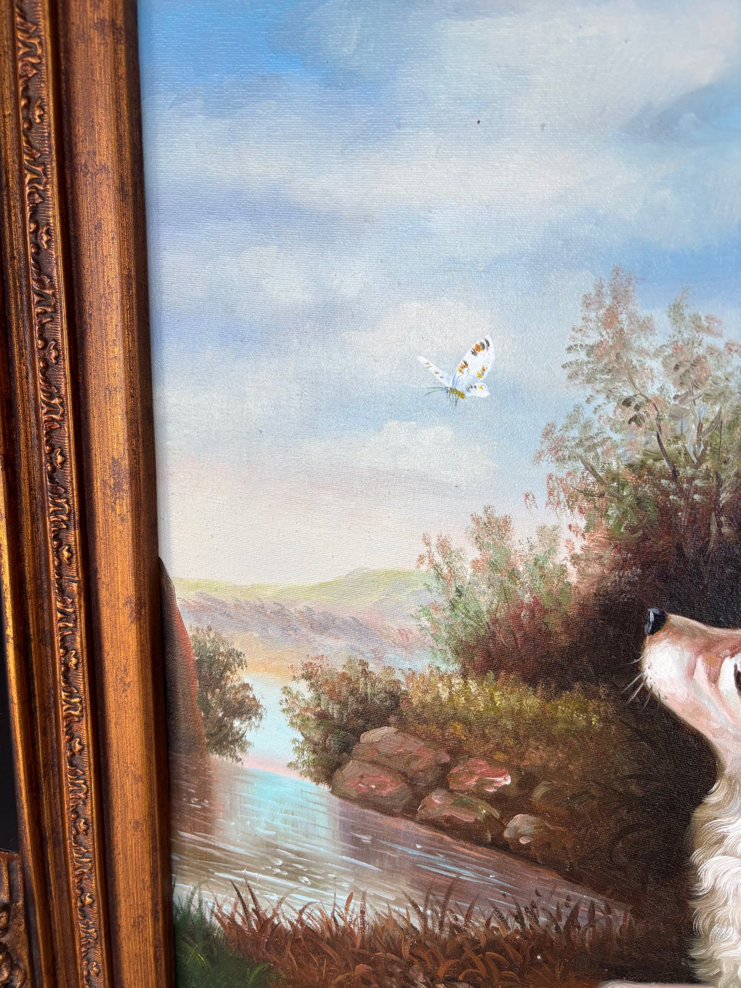 Beautiful signed painting of dog chasing a butterfly in ornate frame!