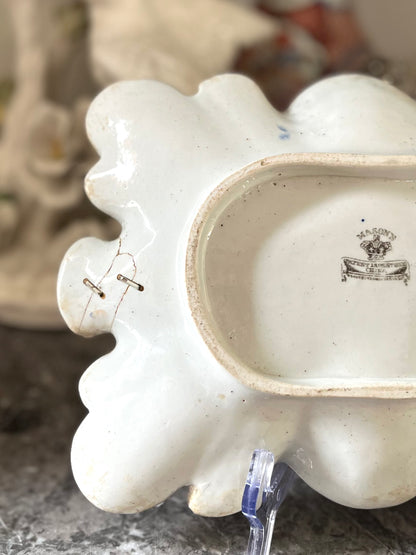 Live 07/28 Rare Colorway Antique Mason’s Patent Ironstone Chinoiserie Scalloped Serving Dish | Hand-Stapled Antique Repair | c.1840