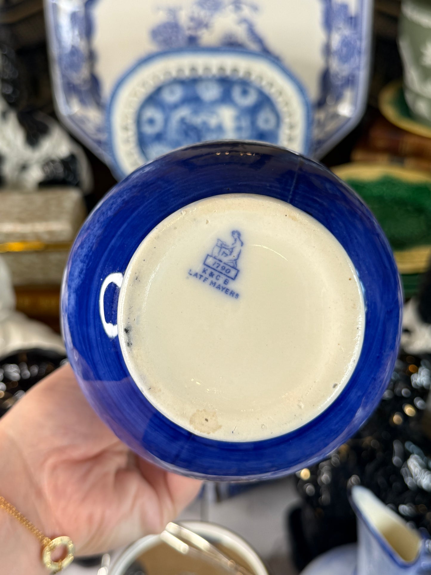 Pair of Keeling & Co. Blue & White Ship Ewers | 1886–1891 | 9"H x 15" Circumference | Style DA4502