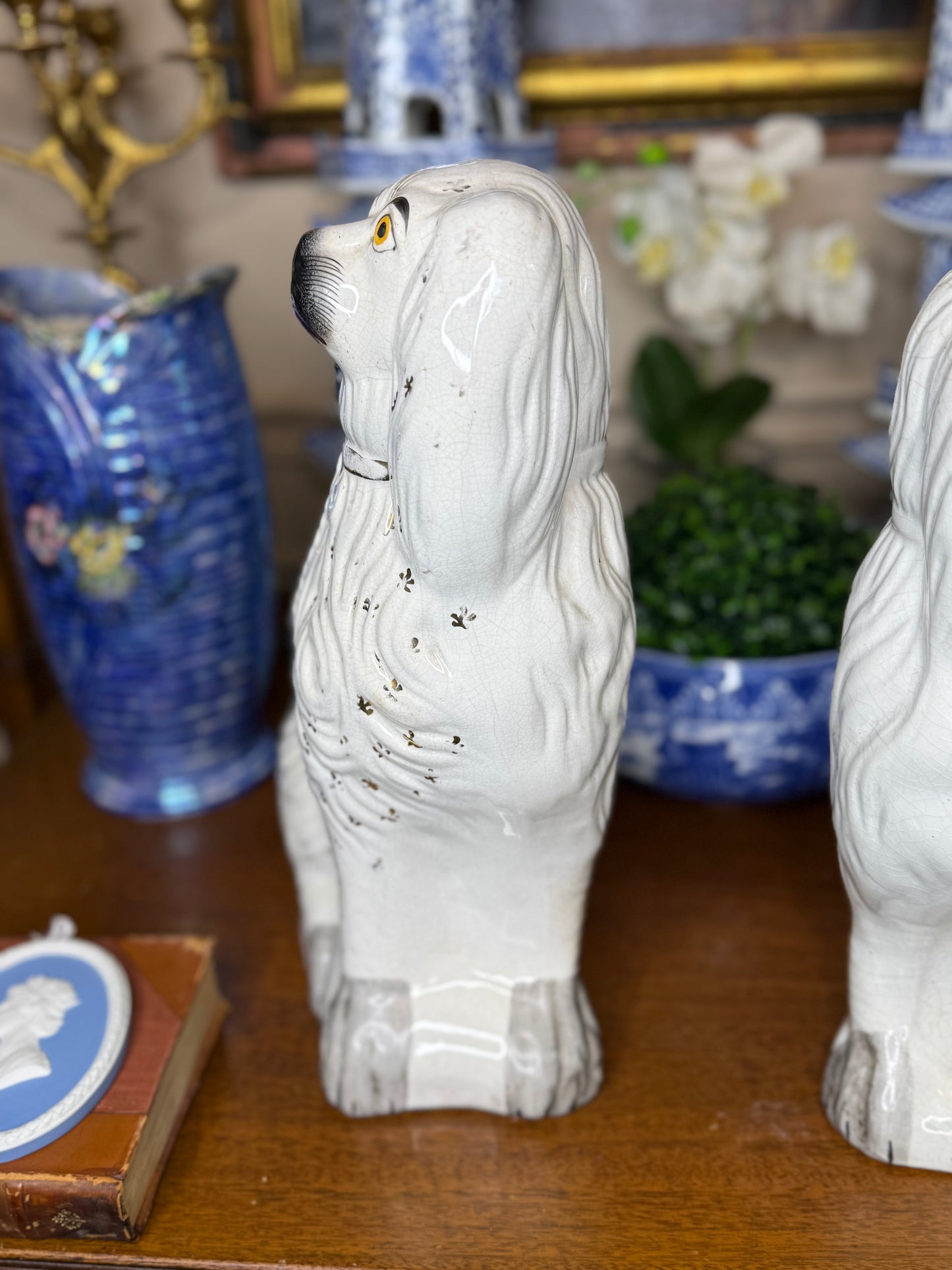 Early 19th Century Staffordshire Spaniel Pair – Overscale Mantel Dogs, 14” & 13.5”