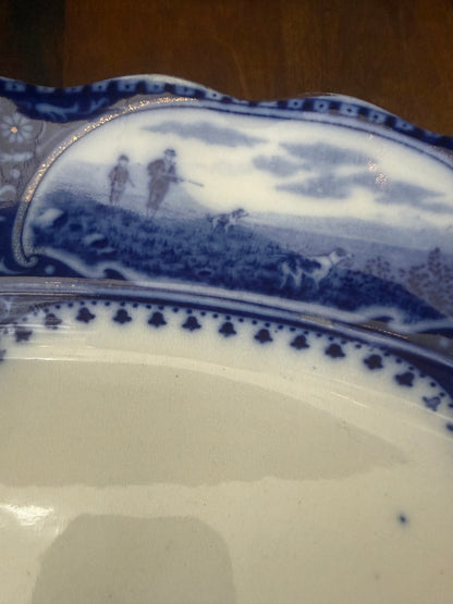 Antique English Flow Blue XL 19” Oval Transferware Platter with Hunt Scene & Floral Border –
