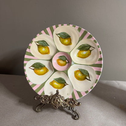 Lemon pink and green stripes oyster plate hand painted