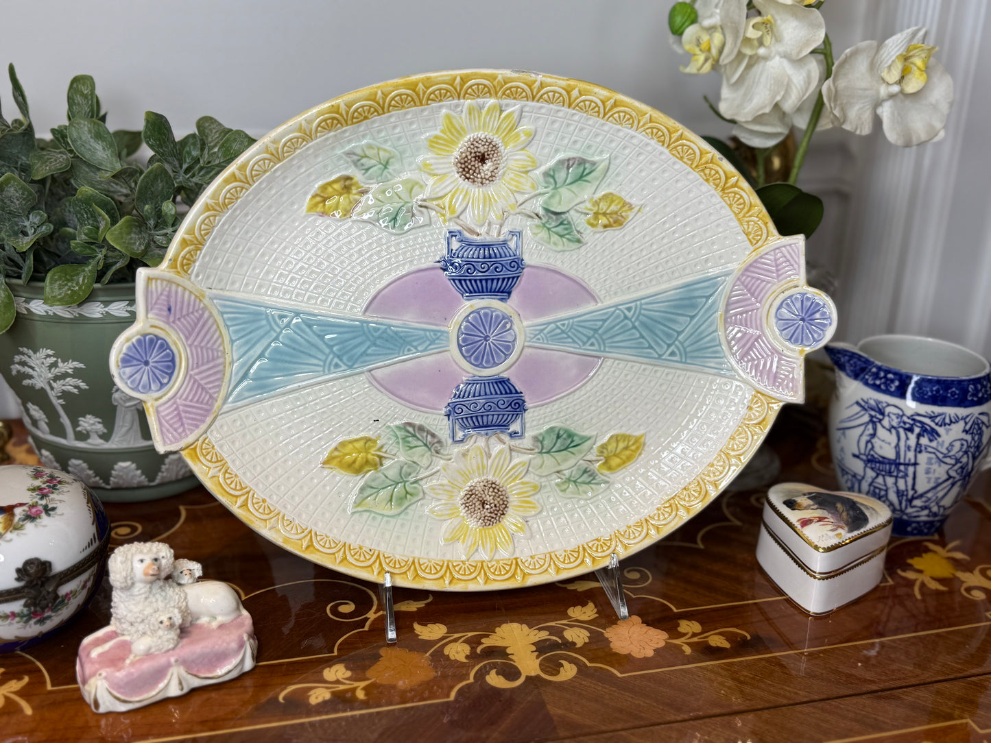 Antique Samuel Lear Aesthetic Period “Sunflower & Urn” Serving Platter, c.1883 | 14” x 10.5” | #DA4498