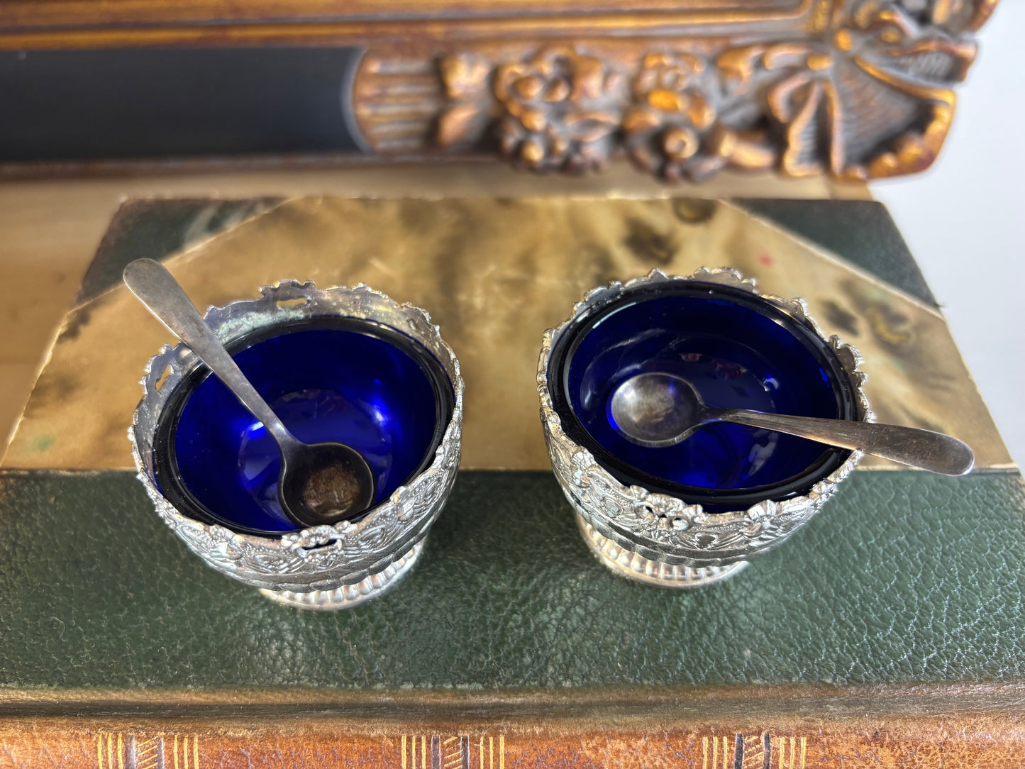 Reserved! Beautiful Raimond silverplate salt cellars or caviar dishes with cobalt bowls and spoons!