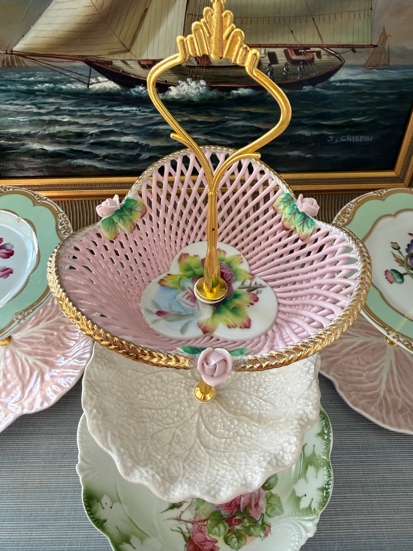 Stunning 3 Tier Plate Stand Pink, Cream & Green