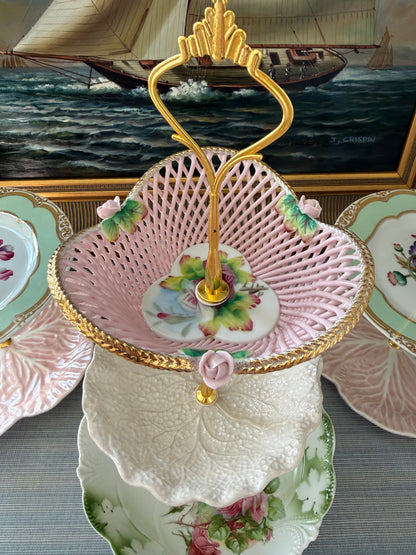 Stunning 3 Tier Plate Stand Pink, Cream & Green