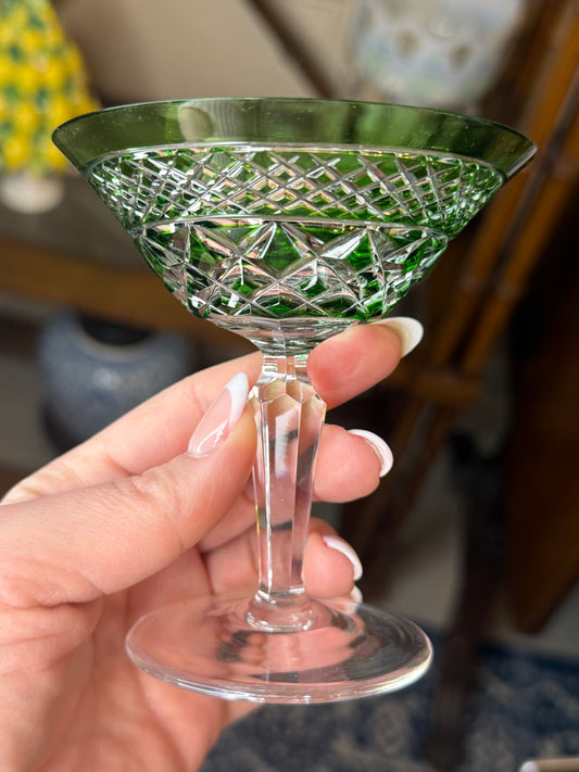 SET OF 6 BOHEMIA GREEN CRYSTAL MARTINI GLASSES, STARBURST CUT FACETED CUT STEM
