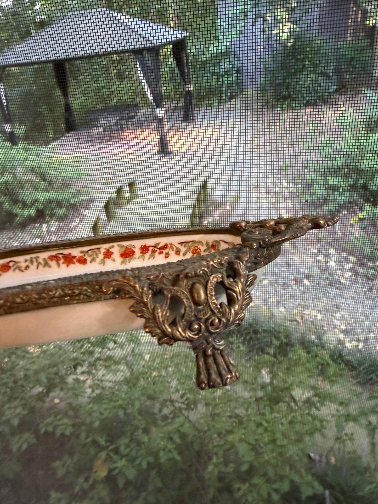 Gorgeous bronze footed floral dish!